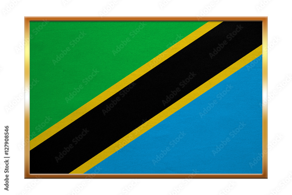 Flag of Tanzania , golden frame, fabric texture Flag of Tanzania , golden frame, fabric texture
