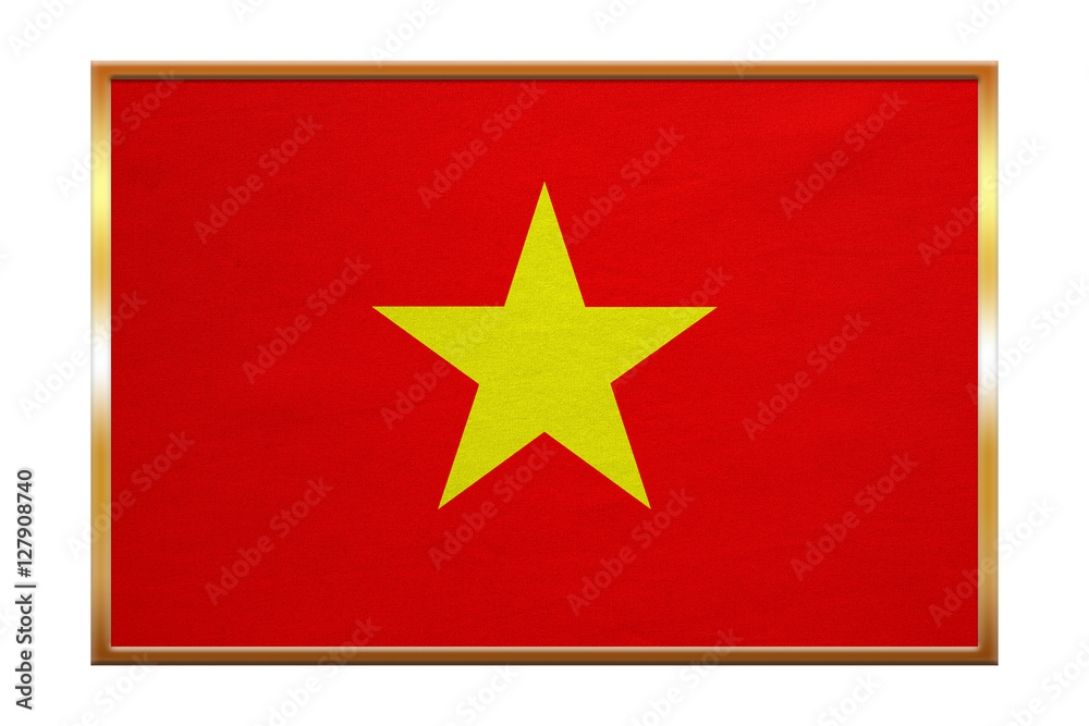 Flag of Vietnam , golden frame, fabric texture Flag of Vietnam , golden frame, fabric texture