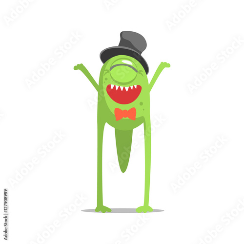 Happy Green One-Eyed Monster In Top Hat And Bow Tie Partying Hard As A Guest At Glamorous Posh Party Vector Illustration