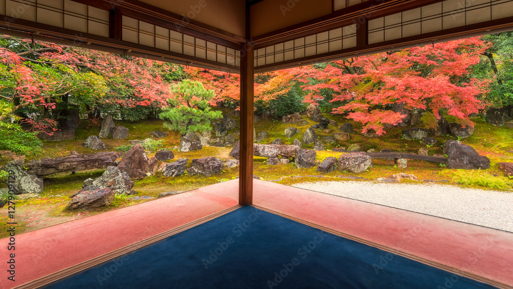 Autumn view of Japanese garden at temple in Kyoto, Japan