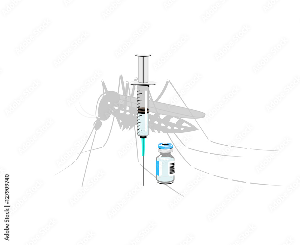 Vector image of a syringe and bottle with a mosquito in the background