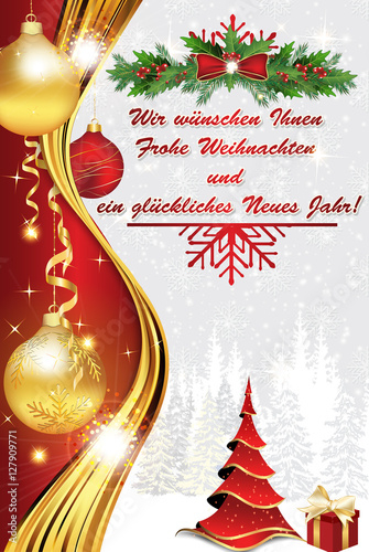 Grusskarte zu Weihnachten und Neujahr: Wir wünschen Ihnen Frohe Weihnachten und ein Glückliches Neues Jahr Grußkarte. Druckfarben verwendet. Benutzerdefiniertes Format