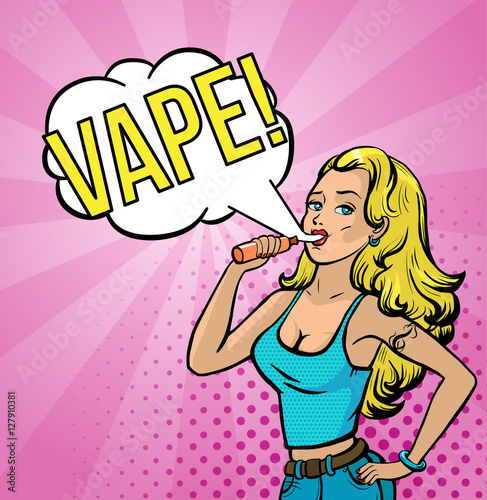 Girl smoking electronic cigarette pop-art poster. Beautiful girl with vaporizer. Vapor shop banner, concept. Vector illustration