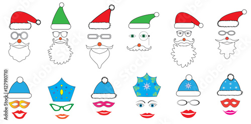 Christmas Party set - Glasses, hats, lips, eyes, diadems, mustaches, masks - for design, photo booth in vector
