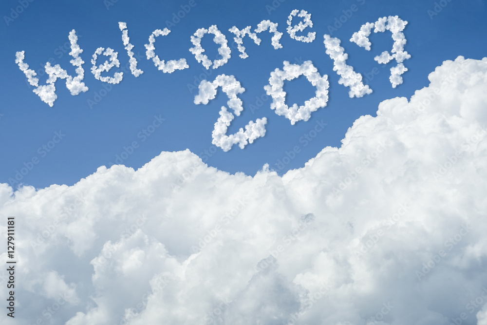 beautiful Blue sky and white cloud. Sunny day.Cloudscape.close up the cloud.text welcome 2017.end of the 2016 year concept.get ready to better life in new year 2017 concept