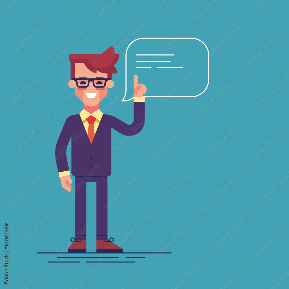 Handsome young businessman holding up his index finger and giving advice. Attractive manager speaking with speech bubble. Modern character design. Vector illustration in the flat style.