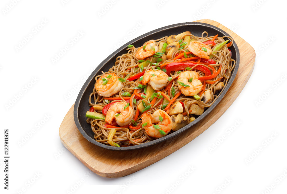 Noodles with shrimp isolated on white background.