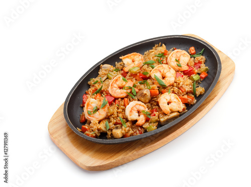 Japanese cuisine. Rice with vegetables and shrimp isolated on white background.