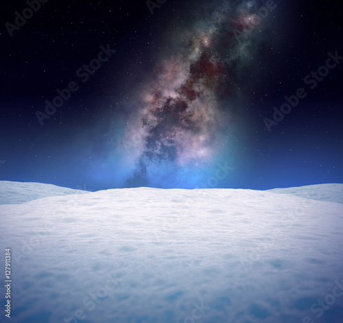 Winter landscape with abstract galaxy in the sky