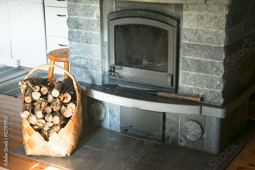 Fireplace and woods in basket