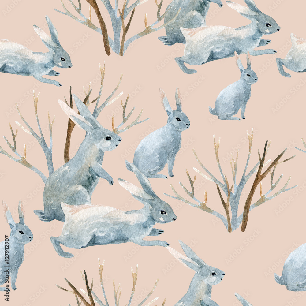 Rabbit in winter. Watercolor seamless pattern