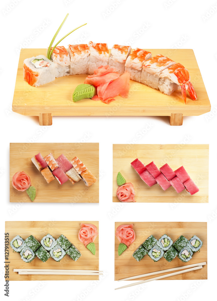 Set Asian food sushi on wooden plate isolated Set Asian food sushi on wooden plate isolated