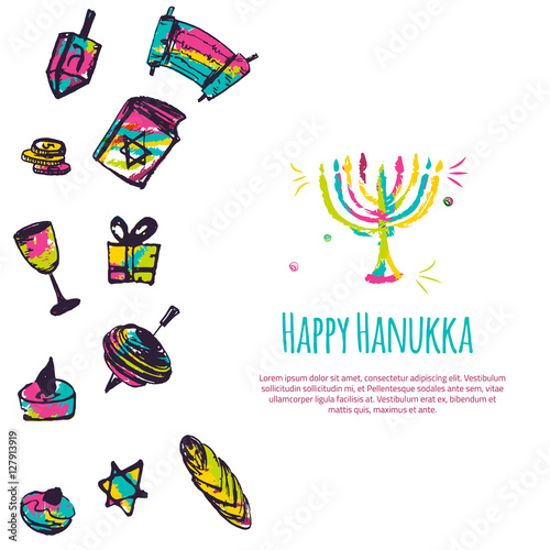 Happy Hanukkah colorful greeting card with hand drawn elements on white background. Menorah, Dreidel, candle, hebrew star for your design.