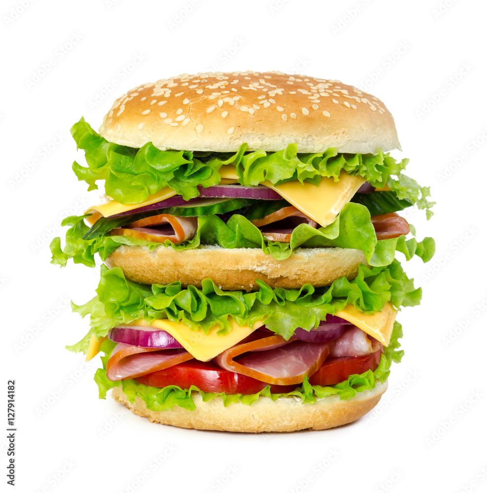 Big sandwich with ham, tomato, cheese, onion and lettuce Big sandwich with ham, tomato, cheese, onion and lettuce
