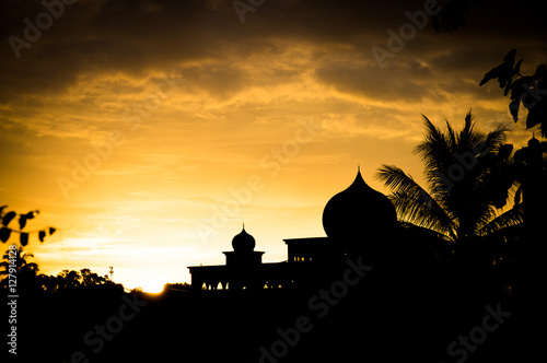 Malaysian Mosque silhouette at sunset