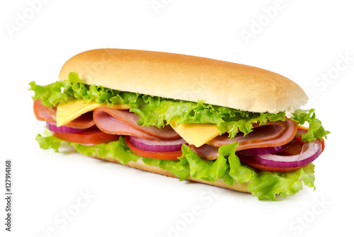 Sandwich with ham, tomato, cheese, onion and lettuce