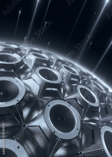 black sphere of audio speakers and several opticle flare. 3d rendering