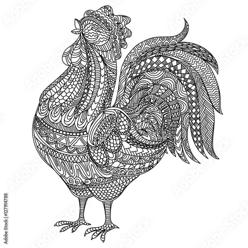 Adult and children Coloring book cock. Farm animlas. Hand-drawn hen with ethnic floral doodle pattern. For adults, vector illustration, isolated on a white background. Doodles photo