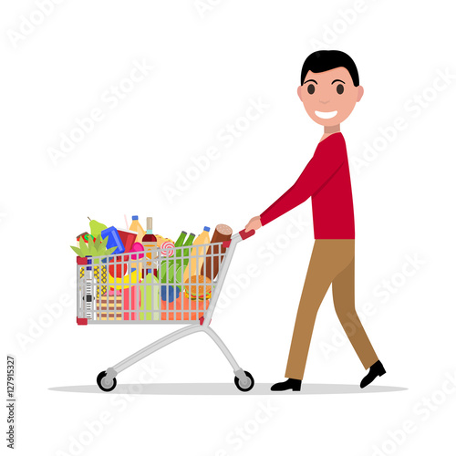 Vector man with shopping trolley full groceries