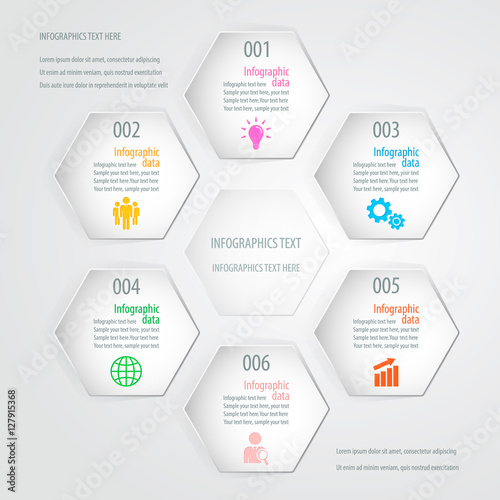 Paper infographics. Hexagons, 6 options. EPS 10 vector.