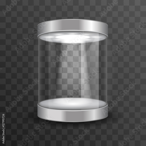 Empty glass museum showcase for exhibition on transparent background