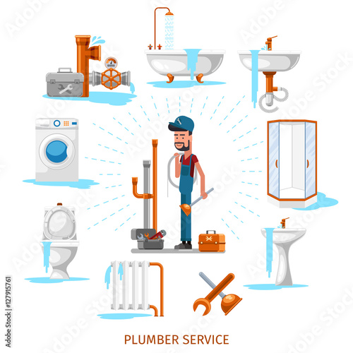 Plumber or maintenance engineer at plumbing work vector illustration