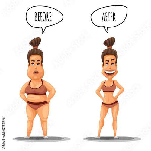 Perfect woman. Girl before and after weight loss vector illustration