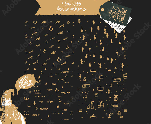 Set of 4 winter golden seamless hand-drawn patterns with trees, lettering, snow and lines. Vector illustration. Can be used for Greeting cards, wrapping, Scrapbooking, Congratulations, Invitations on