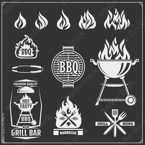 BBQ and grill labels set. Barbecue emblems, badges and design elements. Vector monochrome illustration.