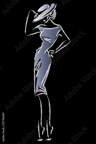 Black and white retro fashion model in sketch style. Hand drawn vector