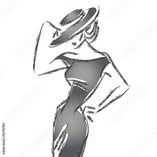 Black and white retro fashion model in sketch style. Hand drawn vector