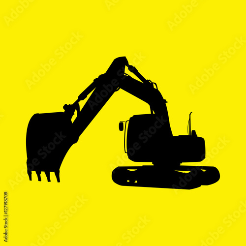  Icono plano silueta excavadora en fondo amarillo