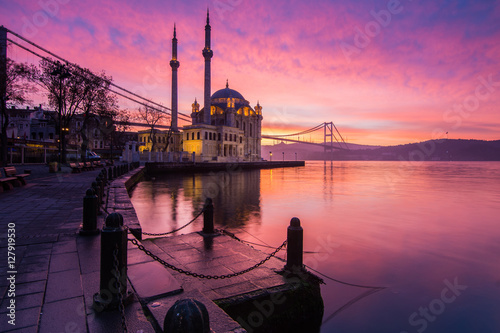 amazing sunrise at ortakoy mosque in istanbul, turkey photo