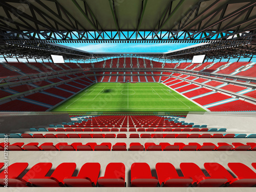 3D render of a large capacity soccer-football Stadium with an open roof and red chairs