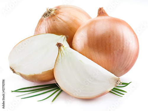 Bulb onions and green onions isolated on a white background.