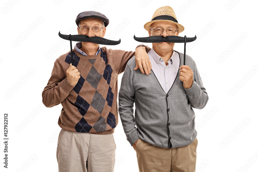 Seniors posing with big fake moustaches Seniors posing with big fake moustaches