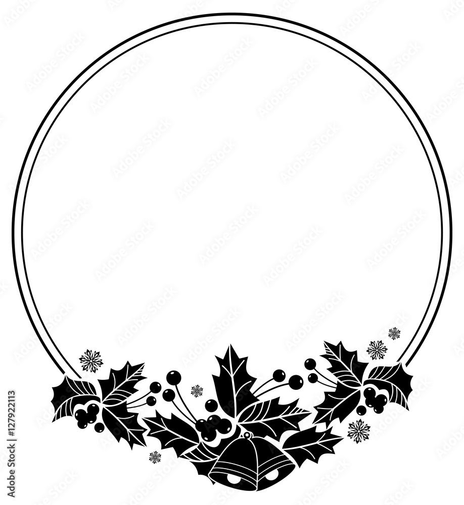Silhouette round frame with Christmas bell, holly berry and pine cones.  Stock Vector | Adobe Stock