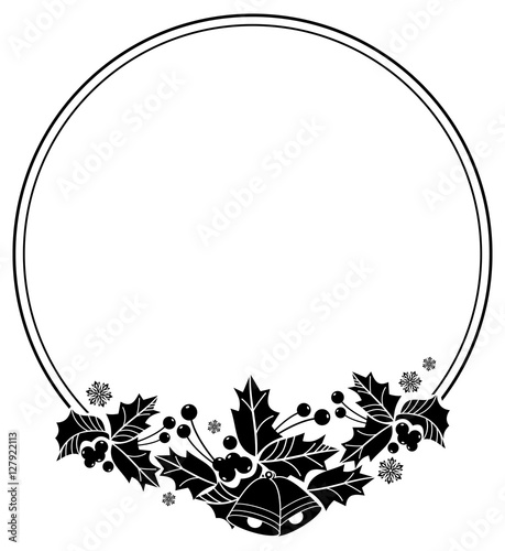Silhouette round frame with Christmas bell, holly berry and pine cones.