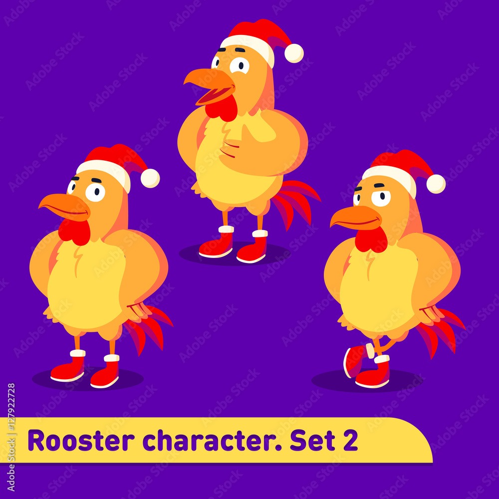 Vector illustrations set includes three standing poses of rooster character dressed in christmas suit in funny cartoon style Vector illustrations set includes three standing poses of rooster character dressed in christmas suit in funny cartoon style