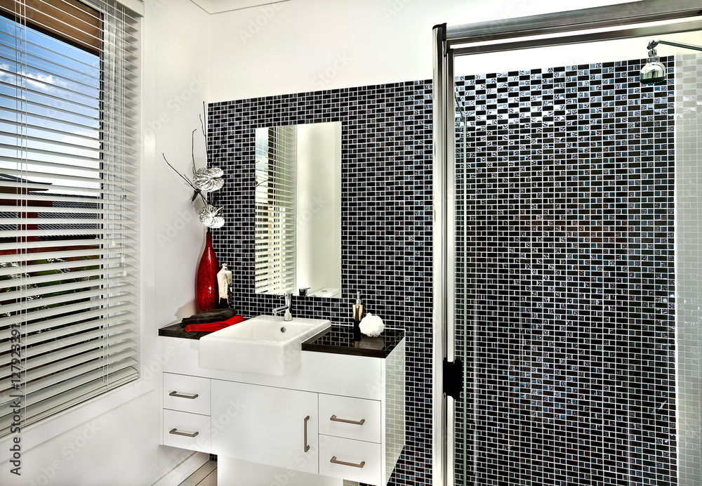 Modern bathroom with well decorated walls and a counter top in a