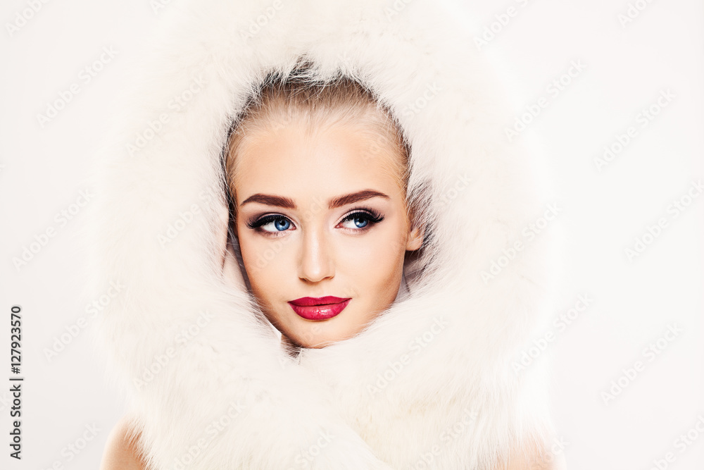 Beautiful Winter Woman Fashion Model in White Fur Beautiful Winter Woman Fashion Model in White Fur