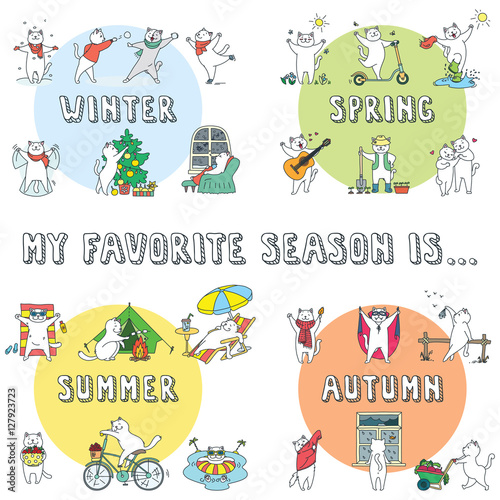 My favorite season is... Set of doodle vector illustrations of funny white cat enjoying the seasons