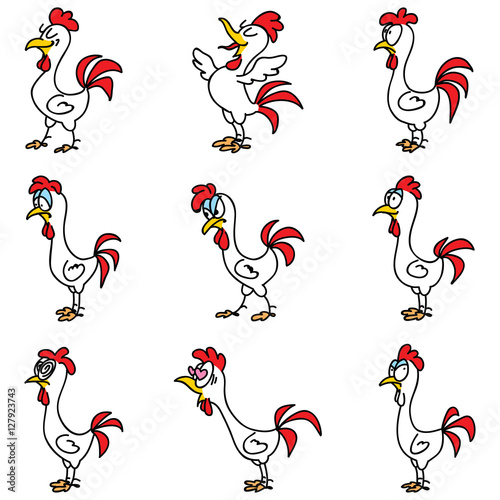 Set of funny roosters isolated on white background. Doodle vector illustration.