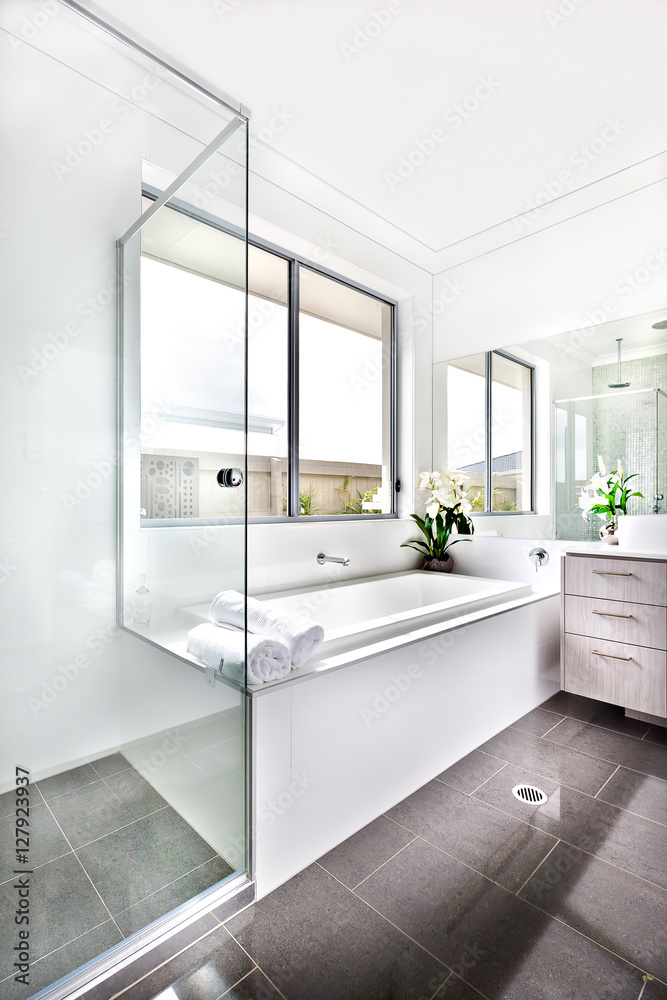 Modern washroom illuminated with the sunlight to the bath tub an Modern washroom illuminated with the sunlight to the bath tub an