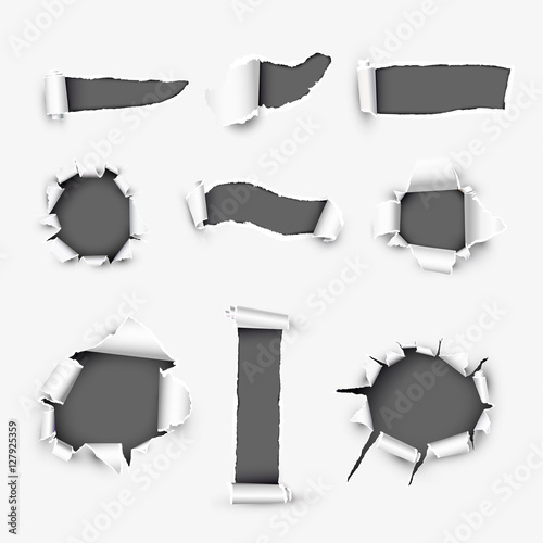 Realistic holes in white paper with damaged sides variety forms and sizes. Torn off white background with ripped edges vector illustrations set. Torn page banner template with copyspase for web design