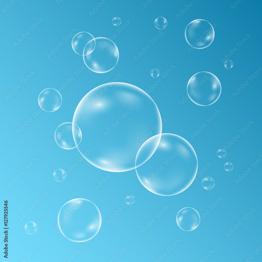 Underwater sparkling oxygen bubbles in water on transparent back