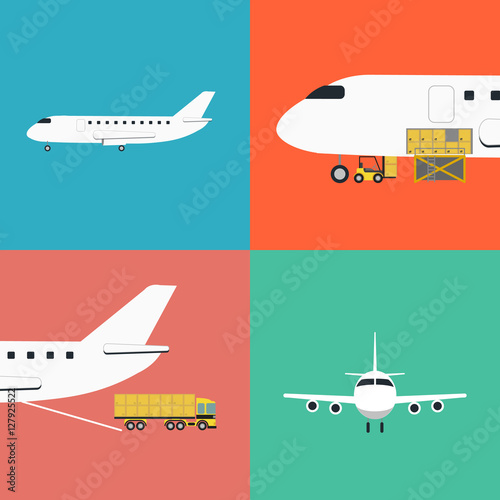 Air shipping and logistics icons vector illustration. Forklift loading cargo jet airplane, commercial truck. Worldwide logistics, delivery transportation, global commercial airlines, shipping company