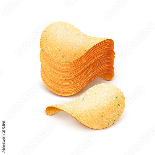 Stack of Potato Crispy Chips Close up Isolated on White Background