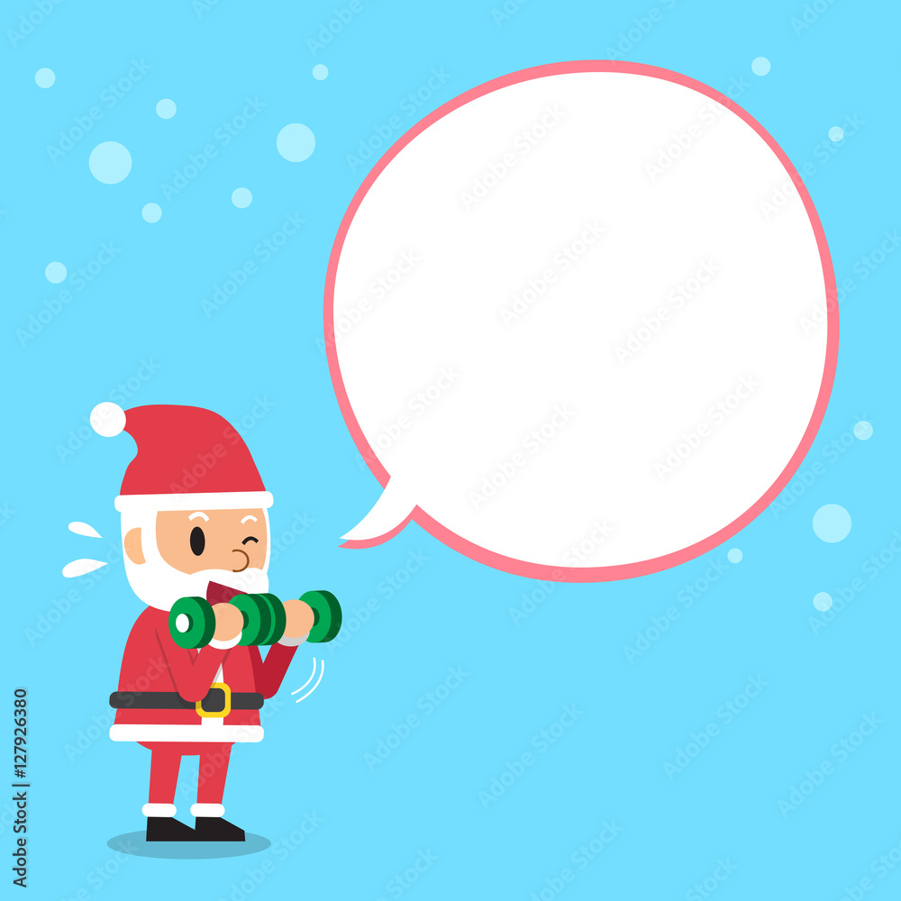 Cartoon santa claus doing dumbbell bicep curls training with white speech bubble Cartoon santa claus doing dumbbell bicep curls training with white speech bubble