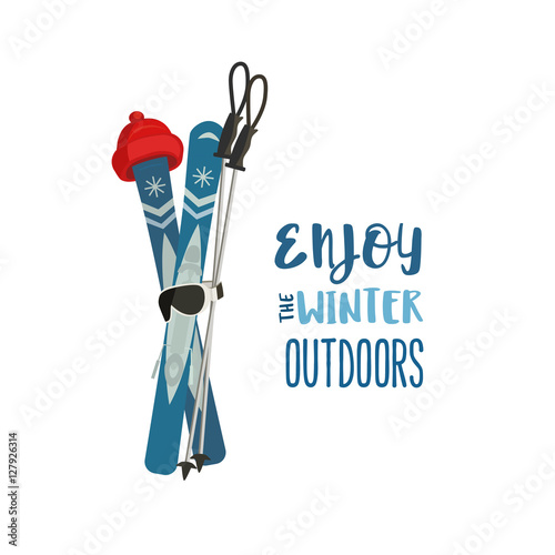 Mountain ski pole sport hat icon. Vector cartoon winter symbol isolated. Season motivation quote Enjoy winter outdoors. Design idea for advertisement of active lifestyle banner background